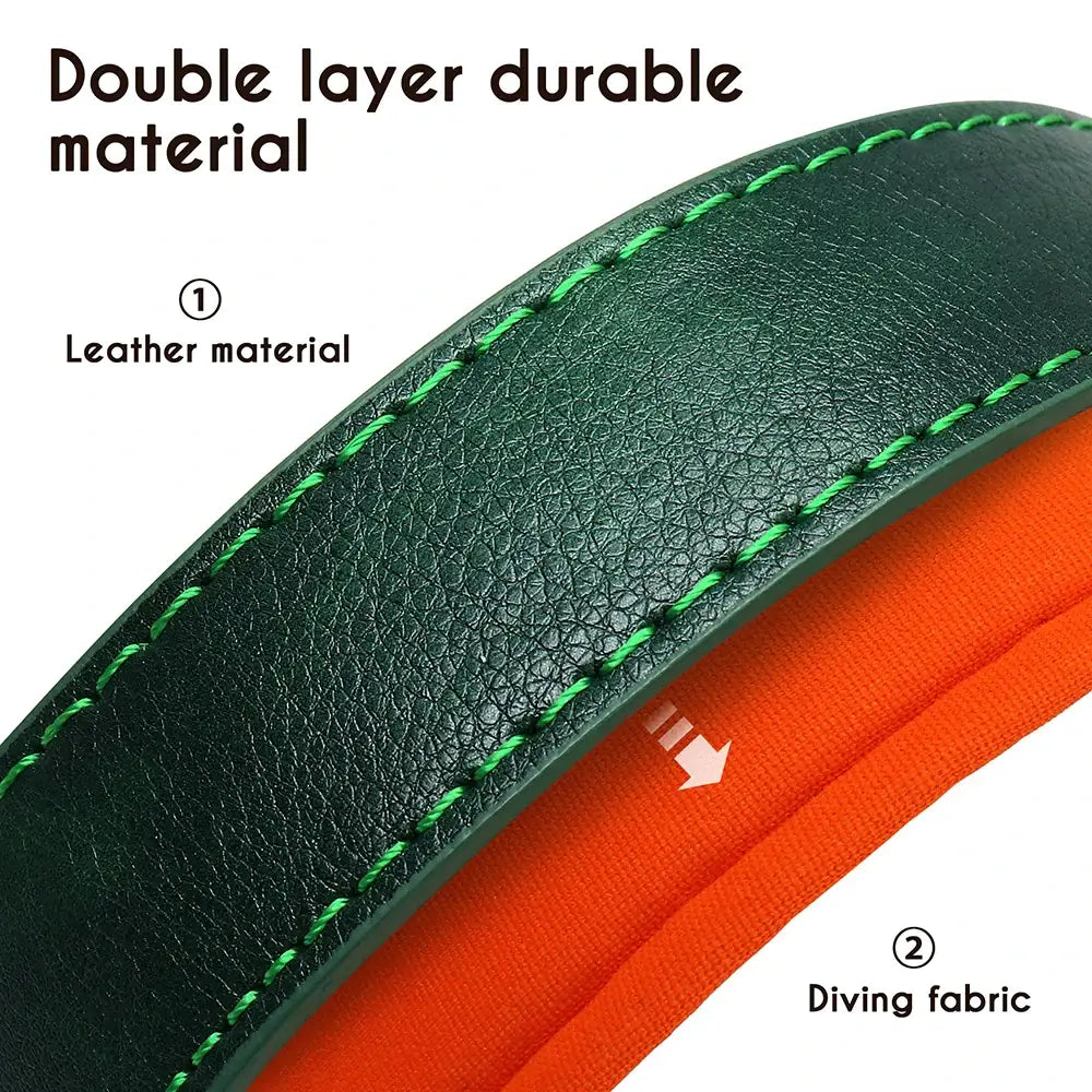 Close-up of a curved leather edge with green stitching and orange fabric lining.