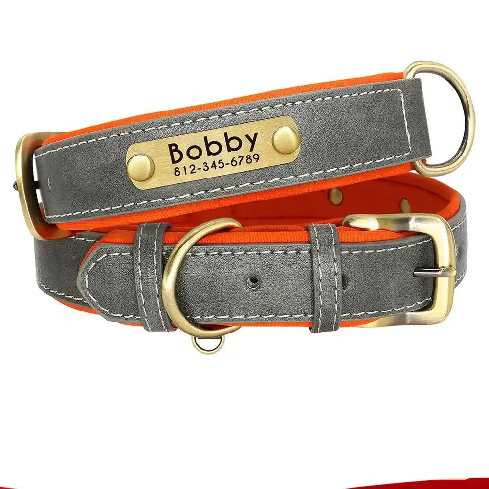 Gray leather dog collar with orange lining and a personalized nameplate reading ’Bobby’.