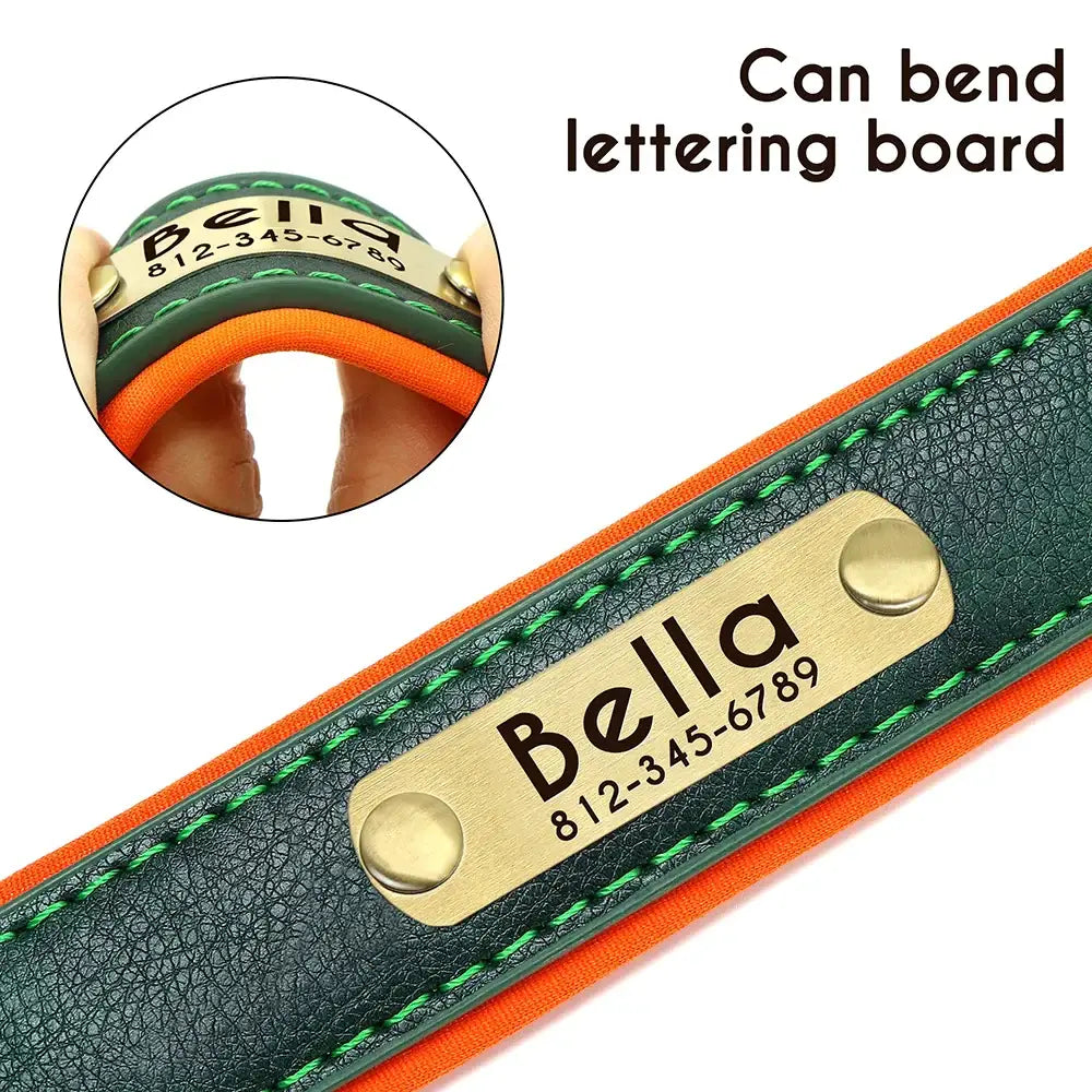 Personalized dog collar with a bendable metal name plate.