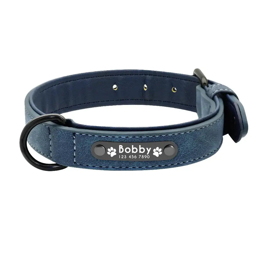 Blue leather dog collar with a personalized name tag and paw prints.