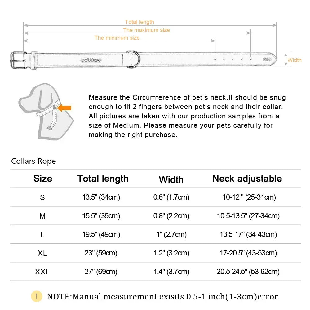 Diagram of a dog collar with sizing information and measurement instructions.