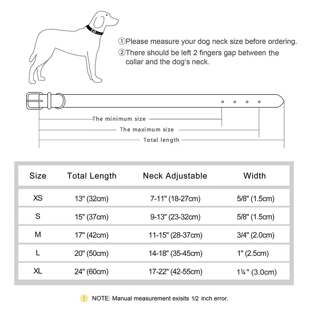 Dog collar sizing guide with measurement instructions and size chart.