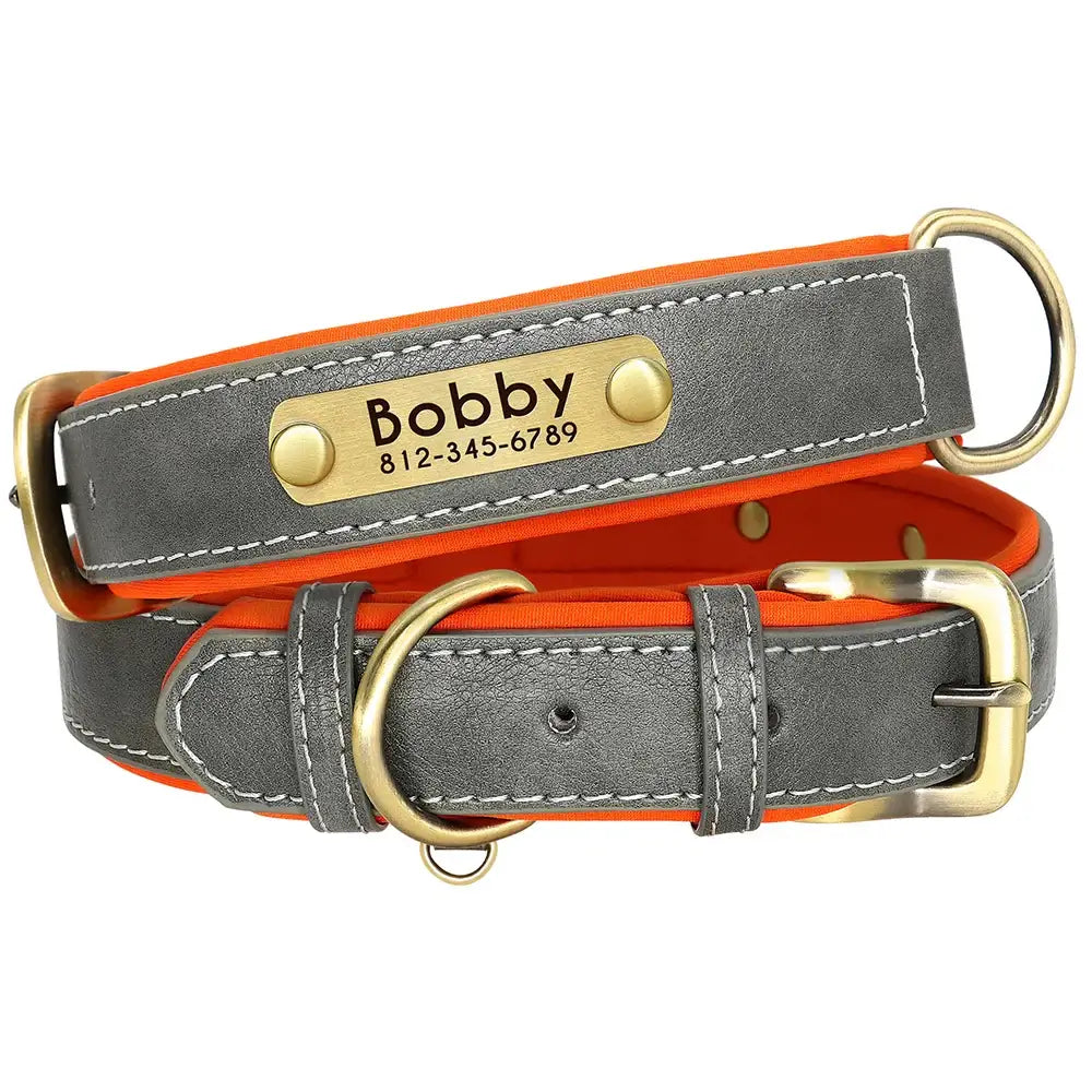 Gray leather dog collar with orange lining and a personalized nameplate reading ’Bobby’.