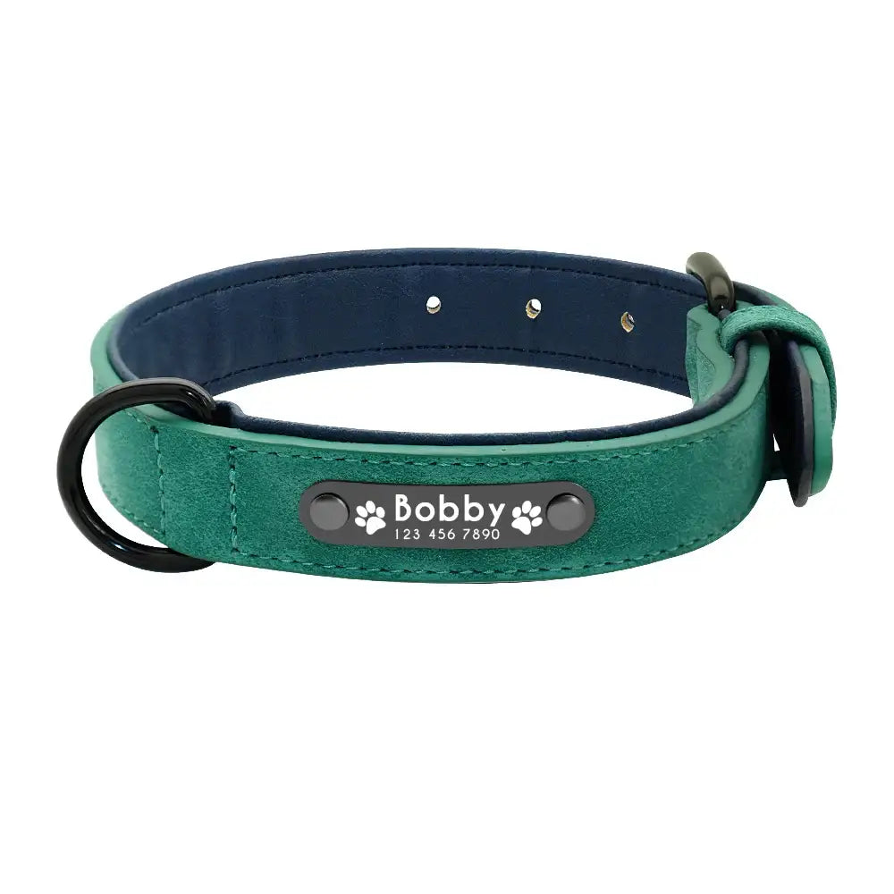 Green leather dog collar with a personalized name tag reading ’Bobby’.