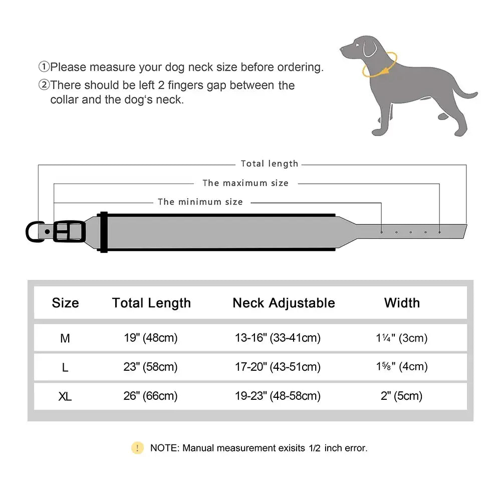 Dog collar sizing guide with measurements and instructions.