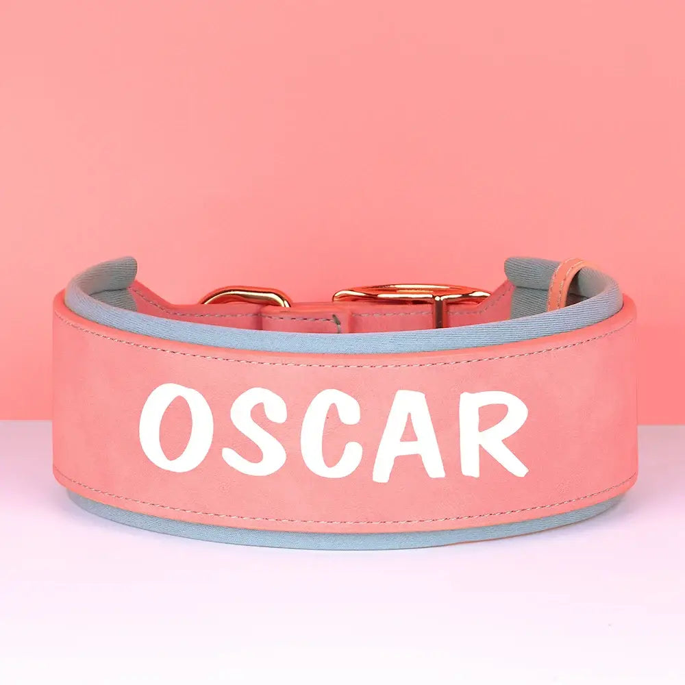 Pink leather dog collar with ’OSCAR’ written in white letters.