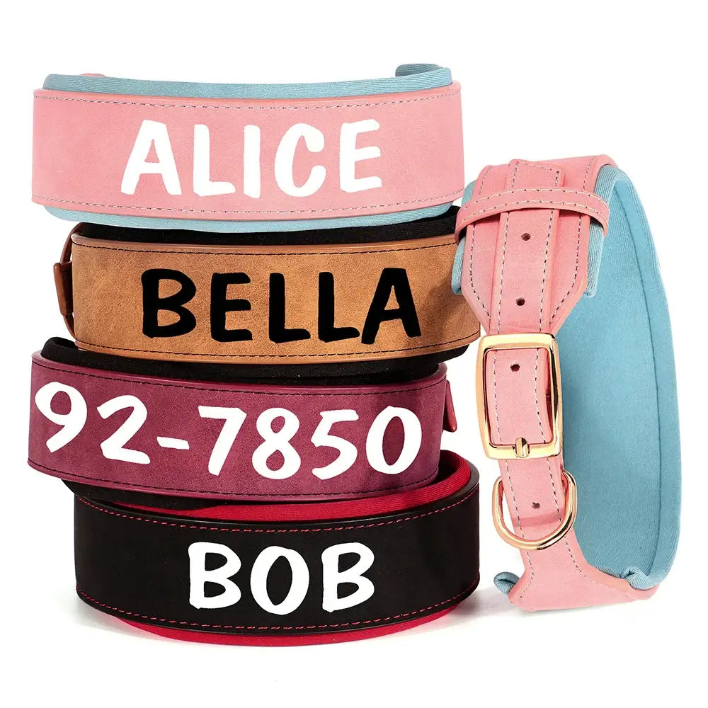 Stack of personalized dog collars in various colors with names and a phone number visible.