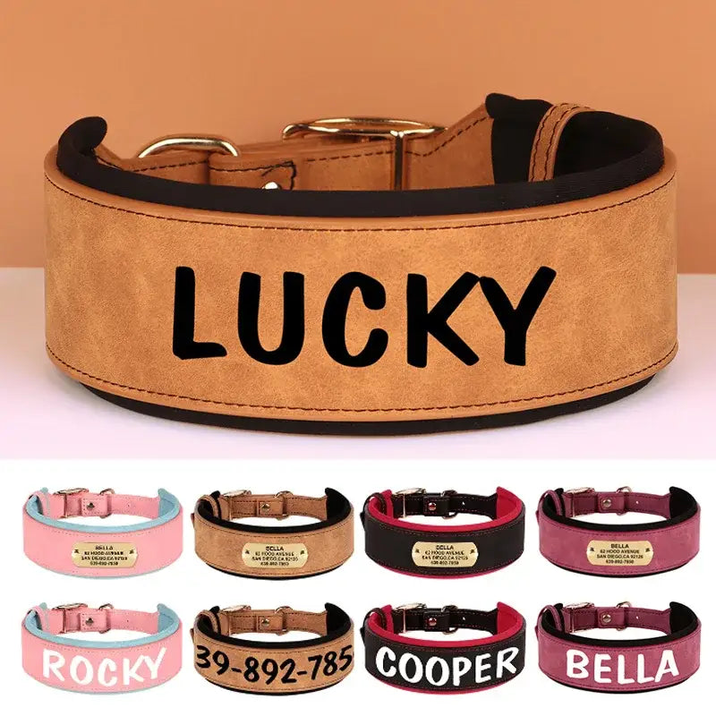 Tan leather dog collar with ’LUCKY’ written in black letters.