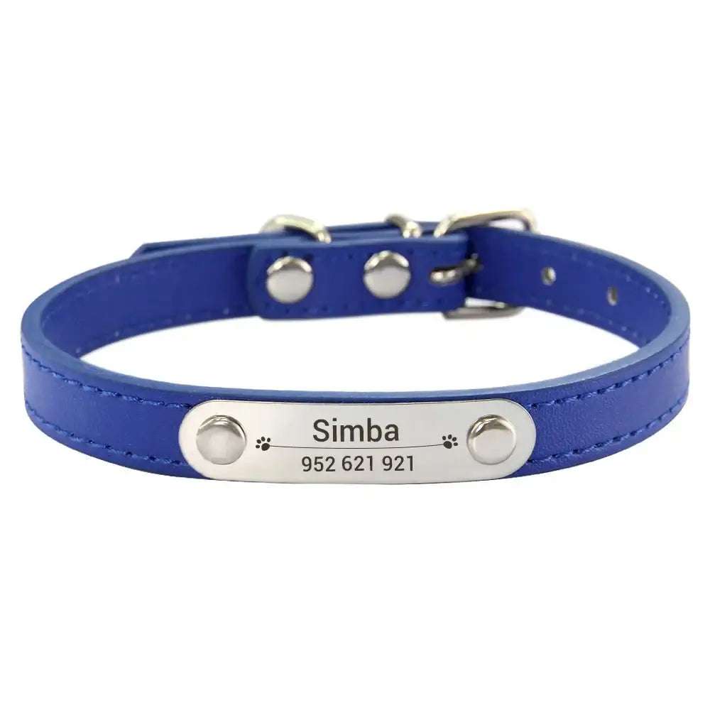 Blue leather dog collar with a personalized metal nameplate.