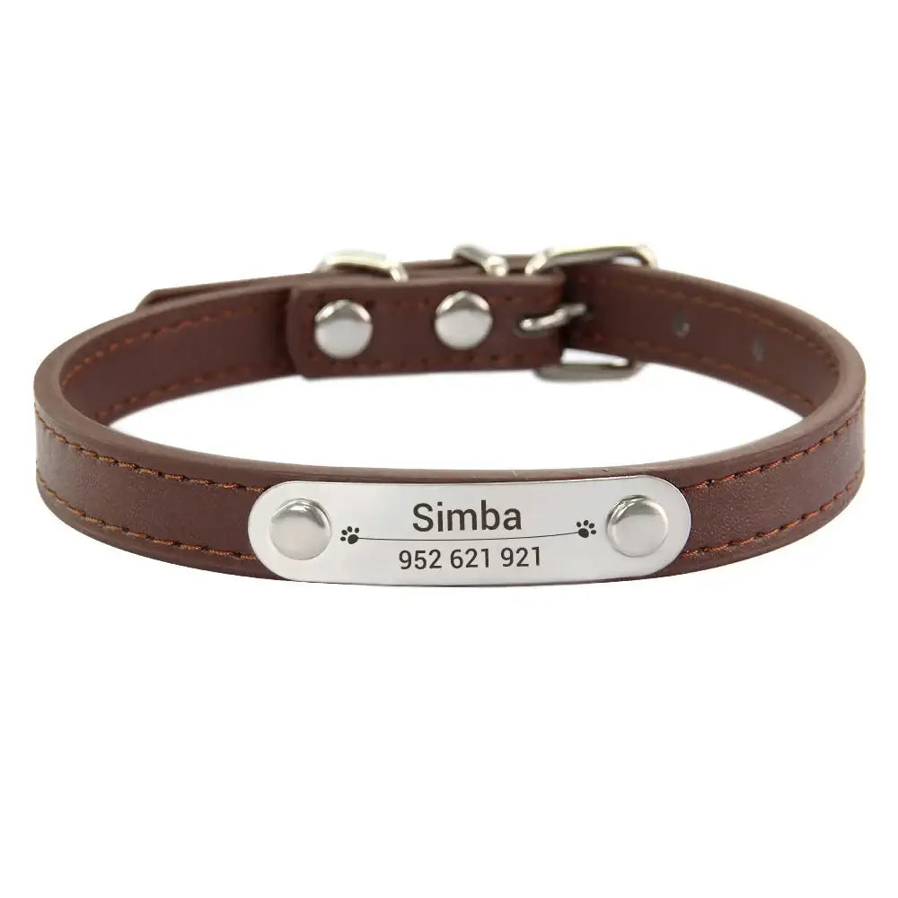 Brown leather dog collar with a metal nameplate engraved ’Simba’ and a phone number.