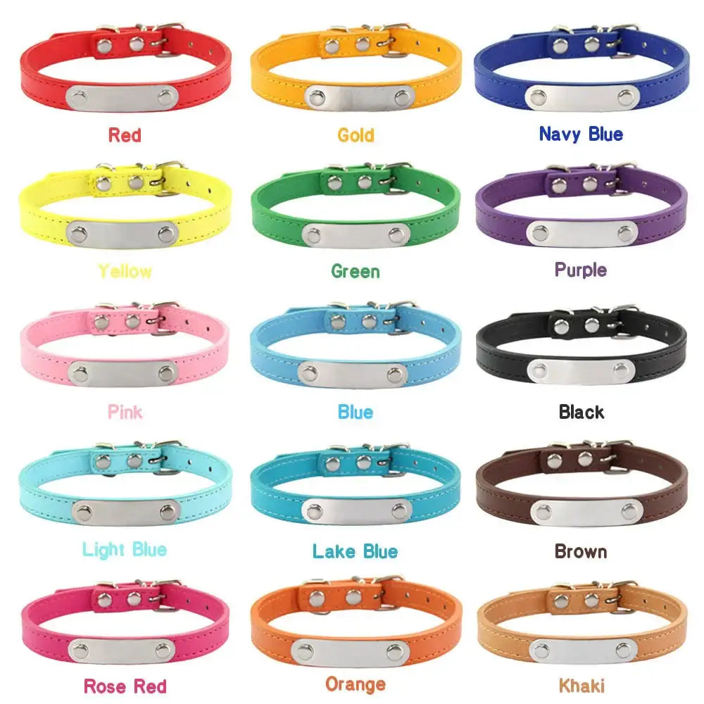 Collection of colorful dog collars with metal name plates.