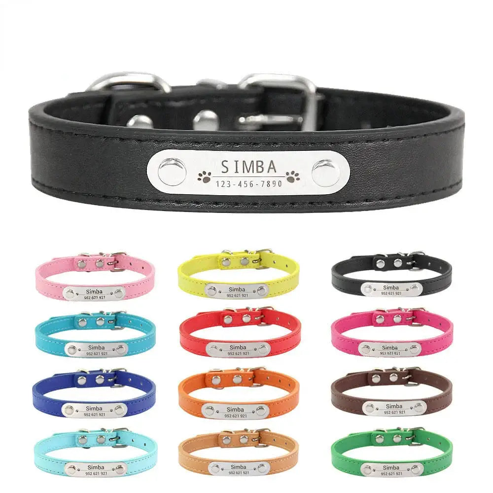 Personalized leather dog collar with engraved metal nameplate available in multiple colors.