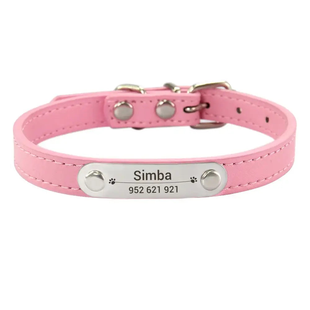 Pink leather dog collar with a personalized metal nameplate.