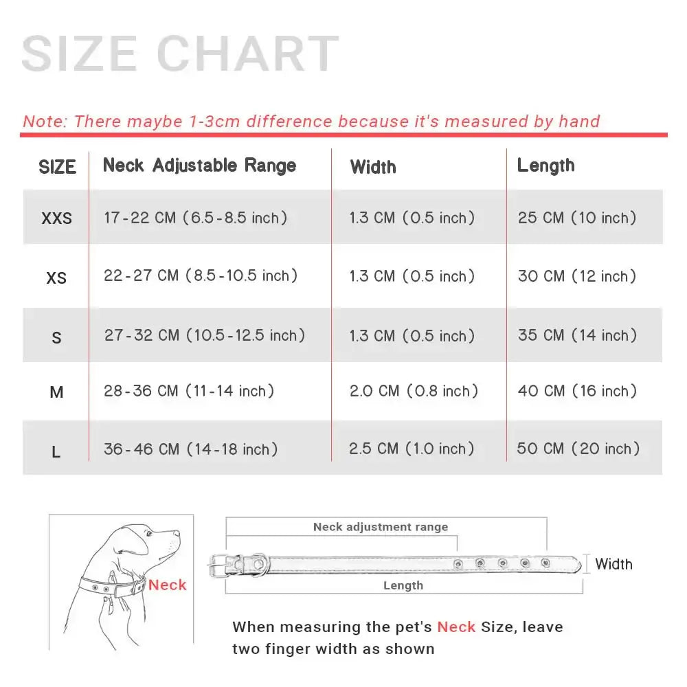 Size chart for pet collars showing neck sizes and dimensions.