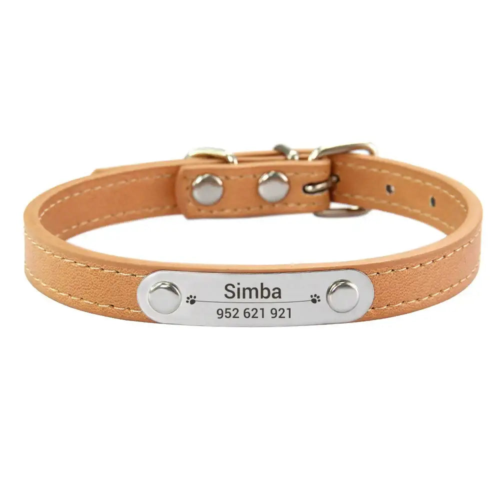 Tan leather dog collar with a metal nameplate engraved ’Simba’ and a phone number.