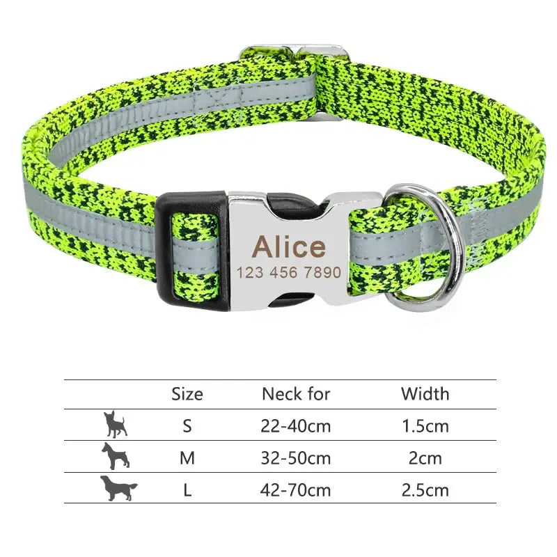 Bright green dog collar with reflective strips and a personalized metal tag.