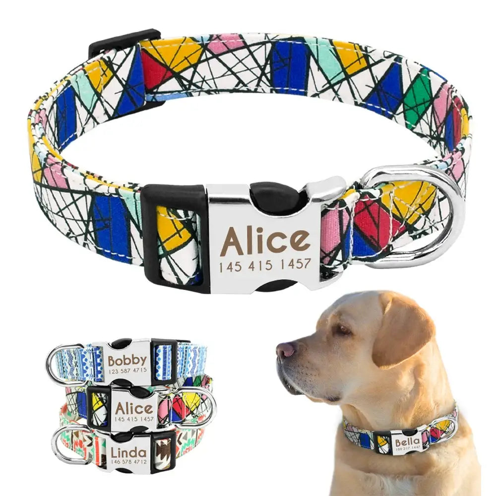 Colorful patterned dog collar with a personalized name tag.