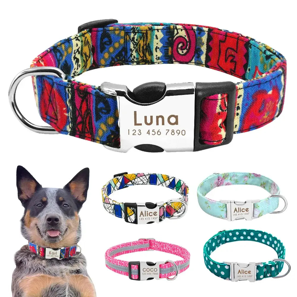 Colorful, patterned dog collar with a personalized metal tag.