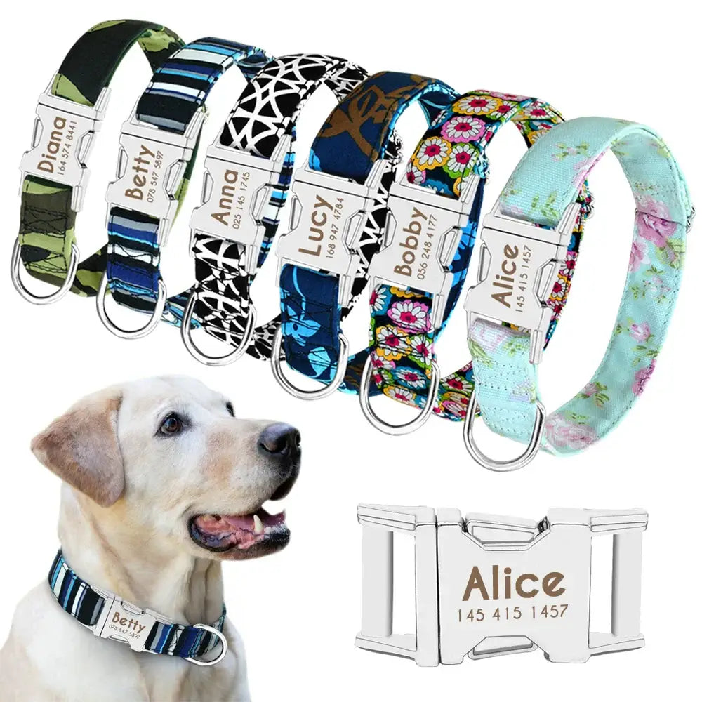 Colorful patterned dog collars with personalized name tags.