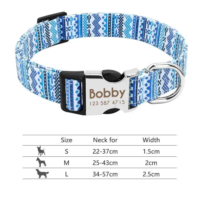 Dog collar with a blue and white patterned design and personalized metal tag.