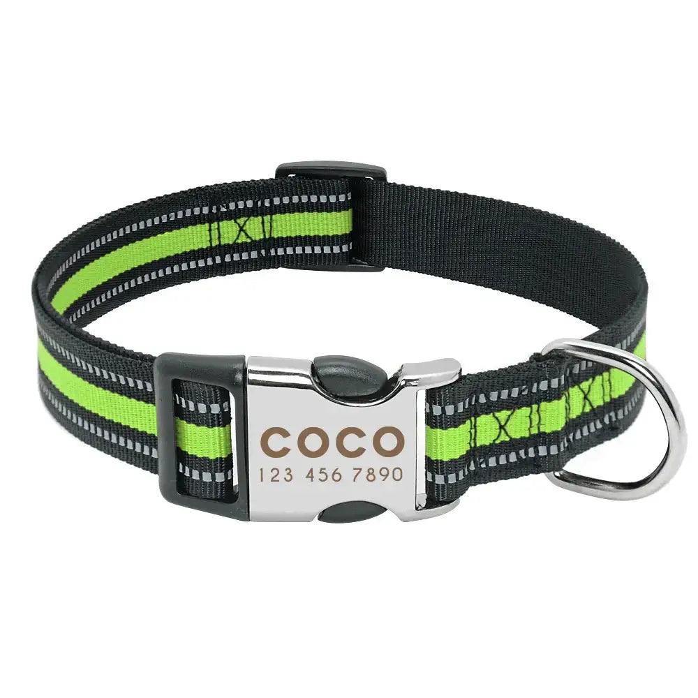 Dog collar with reflective green stripes and a personalized metal tag.