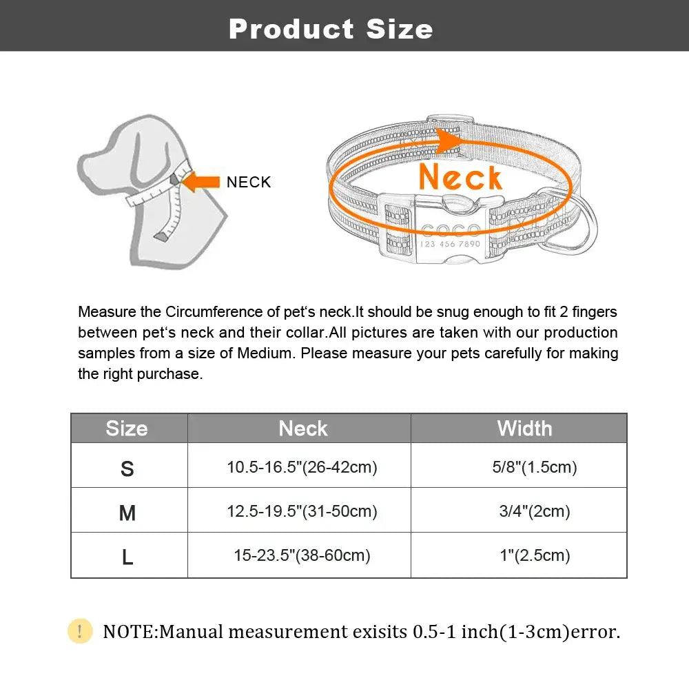 Sizing guide for dog collars showing measurements and instructions.