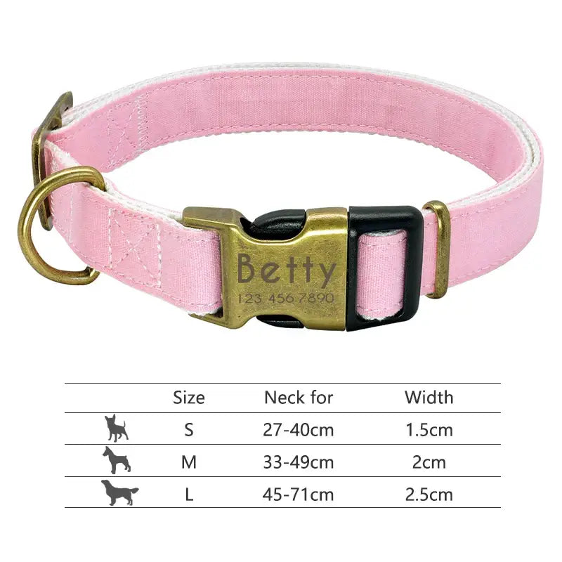 Pink dog collar with a brass buckle engraved with ’Betty’.