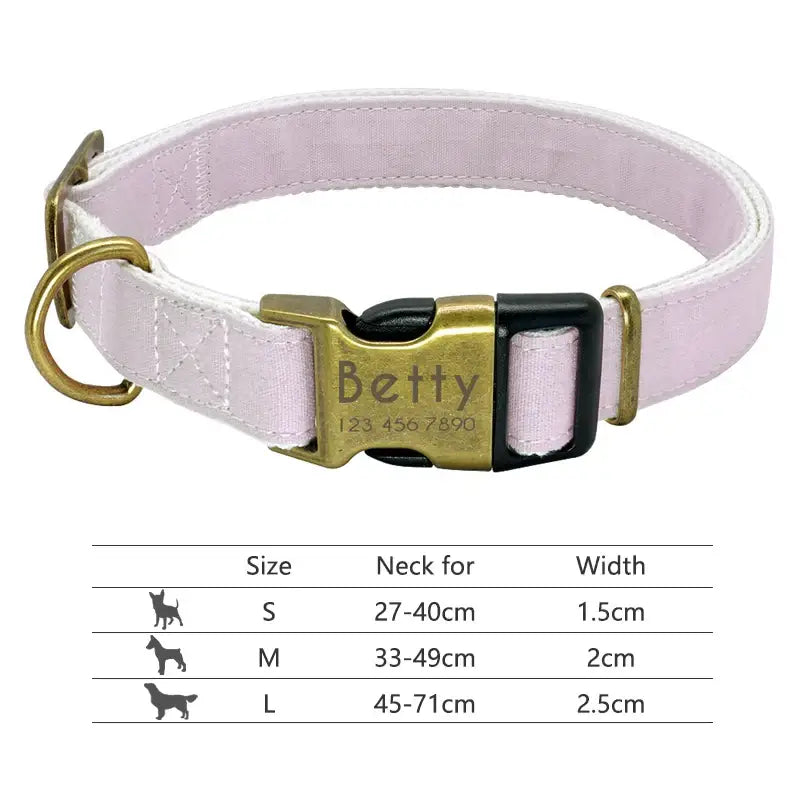 Pink dog collar with a gold buckle engraved with ’Betty’ and size information chart below.