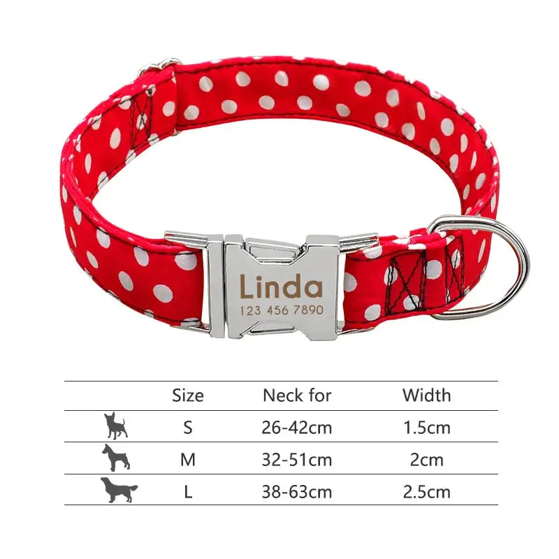 Red polka dot dog collar with a personalized metal tag reading ’Linda’.