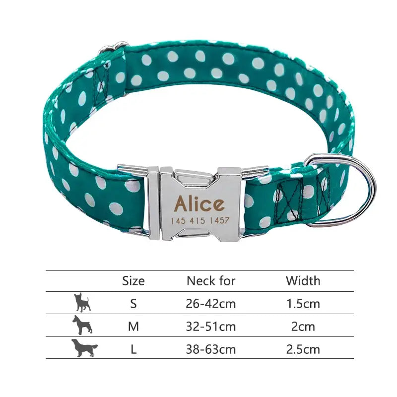 Teal polka dot dog collar with a personalized metal nameplate.