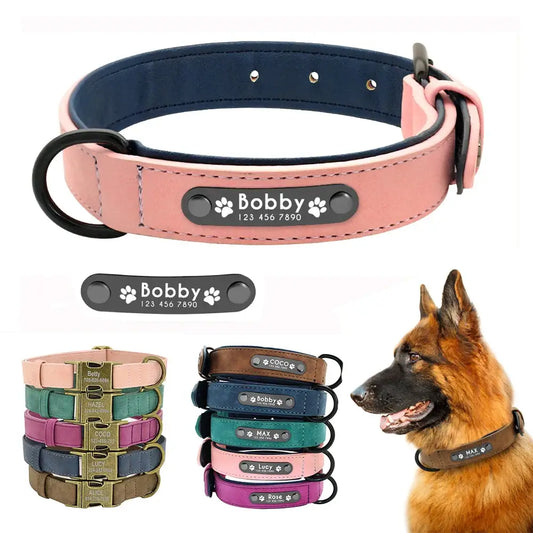 Personalized leather dog collar with customizable name tag in various colors.