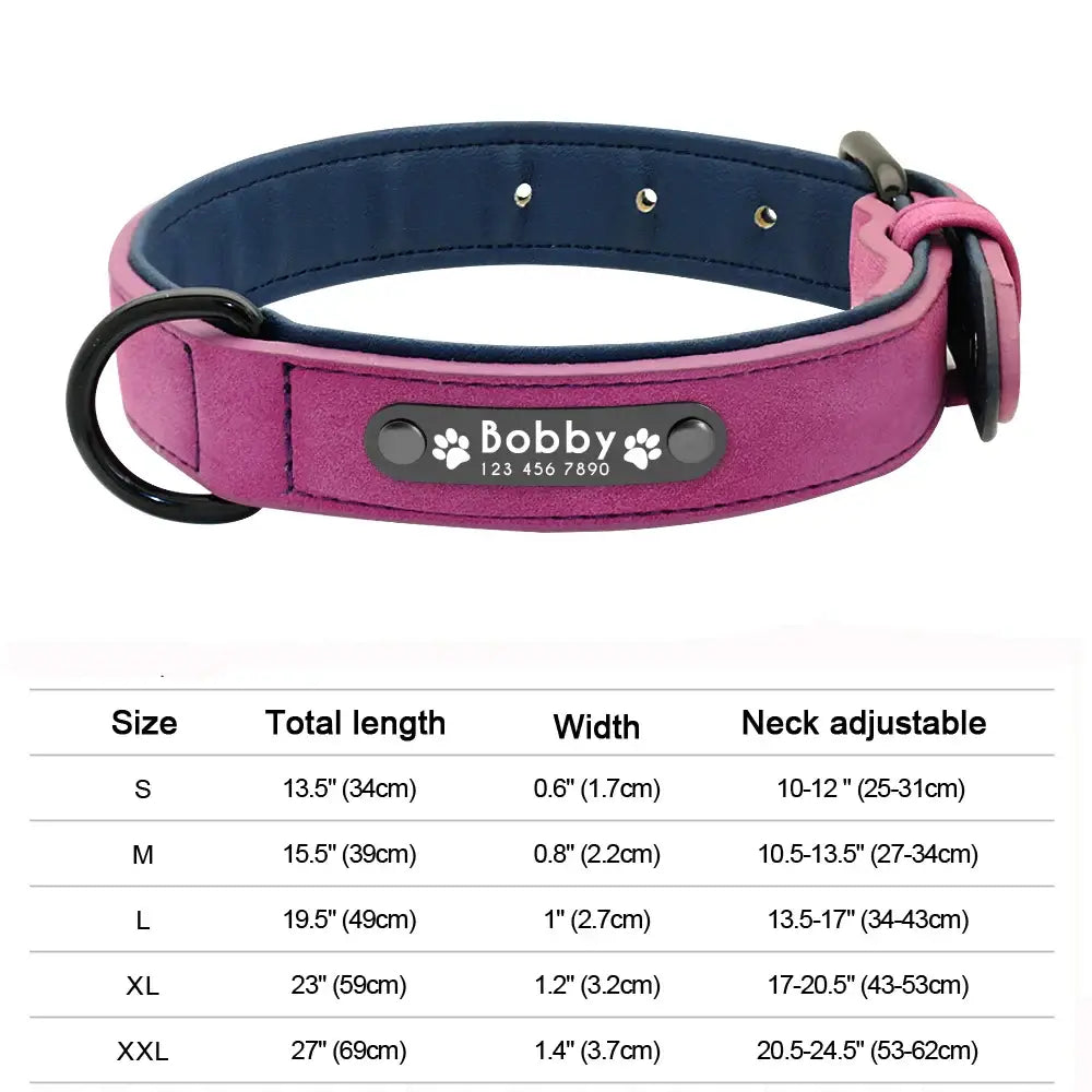 Pink dog collar with a personalized name tag and size chart below.