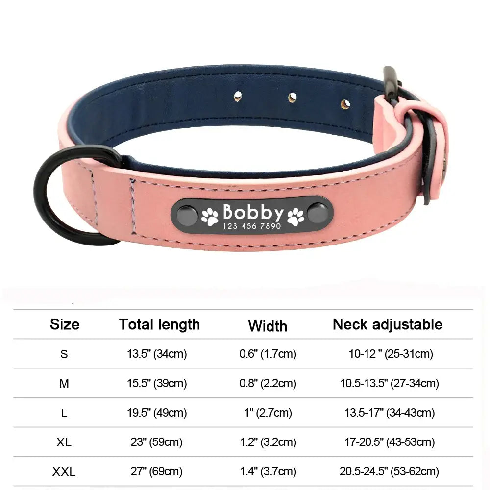 Pink leather dog collar with a personalized name tag and size chart below.