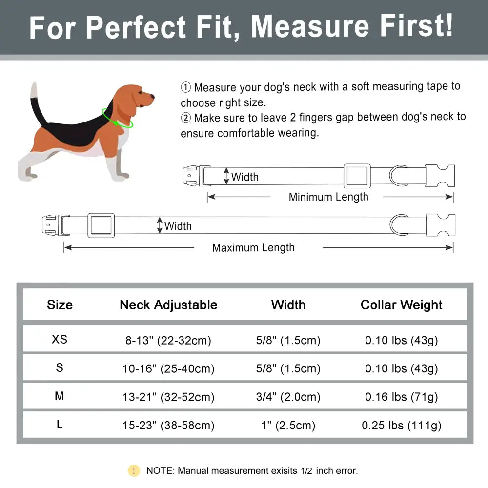 Instructional diagram for measuring and sizing a dog collar.