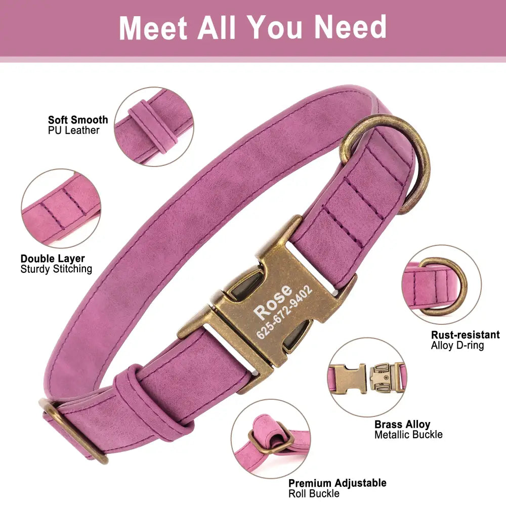 Pink leather dog collar with brass hardware and multiple feature callouts.