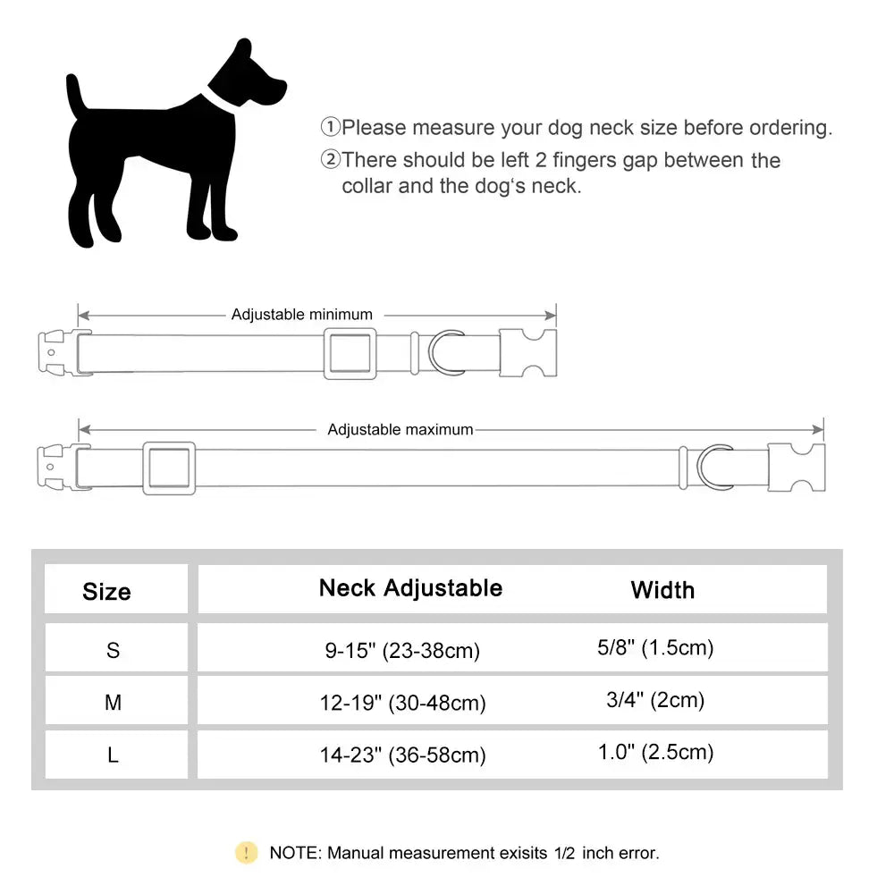 Dog collar sizing guide with adjustable length illustrations and a size chart.