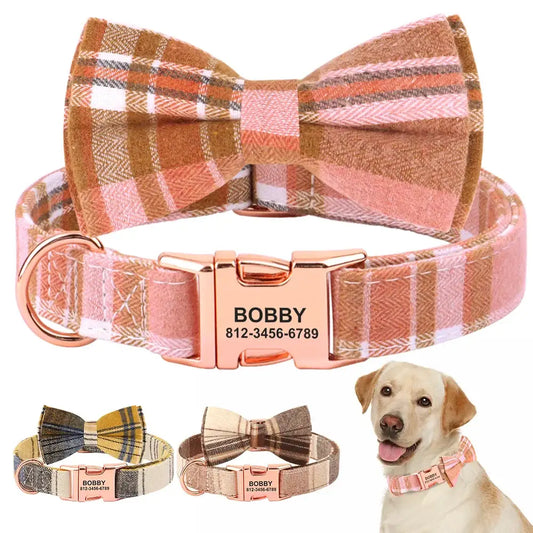 Plaid dog collar with a matching bow tie and personalized name tag.