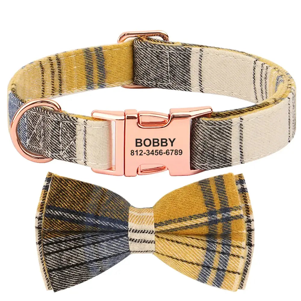 Plaid dog collar with a matching bow tie and personalized name tag.