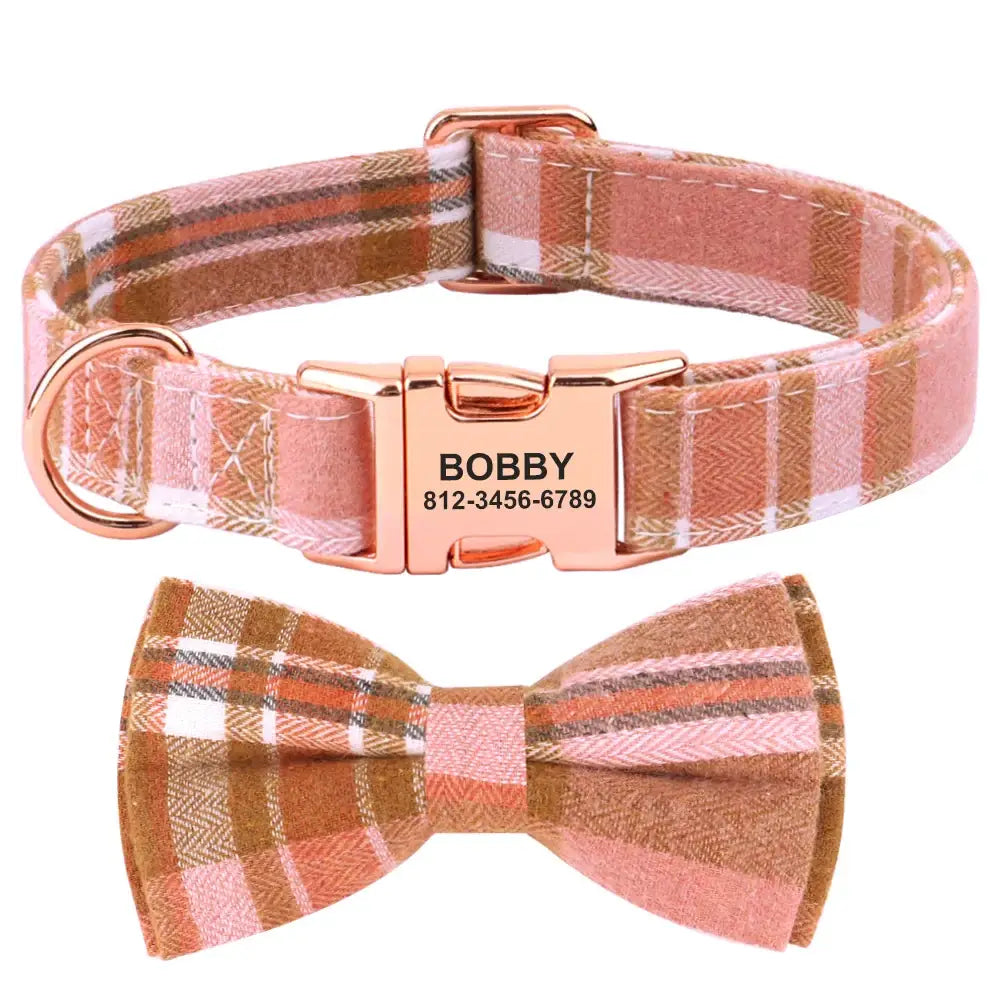 Plaid dog collar with a matching bow tie and personalized name tag.