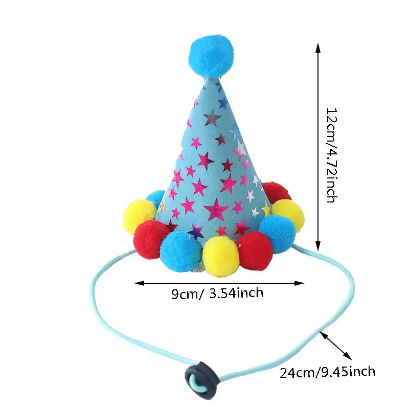 Colorful party hat with stars and pom-poms attached to an elastic band.