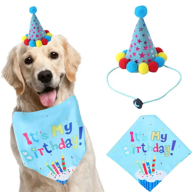 Golden Retriever dog wearing a blue birthday bandana and party hat.