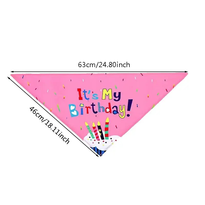 Pink triangular birthday bandana with colorful ’It’s My Birthday!’ text and candle design.