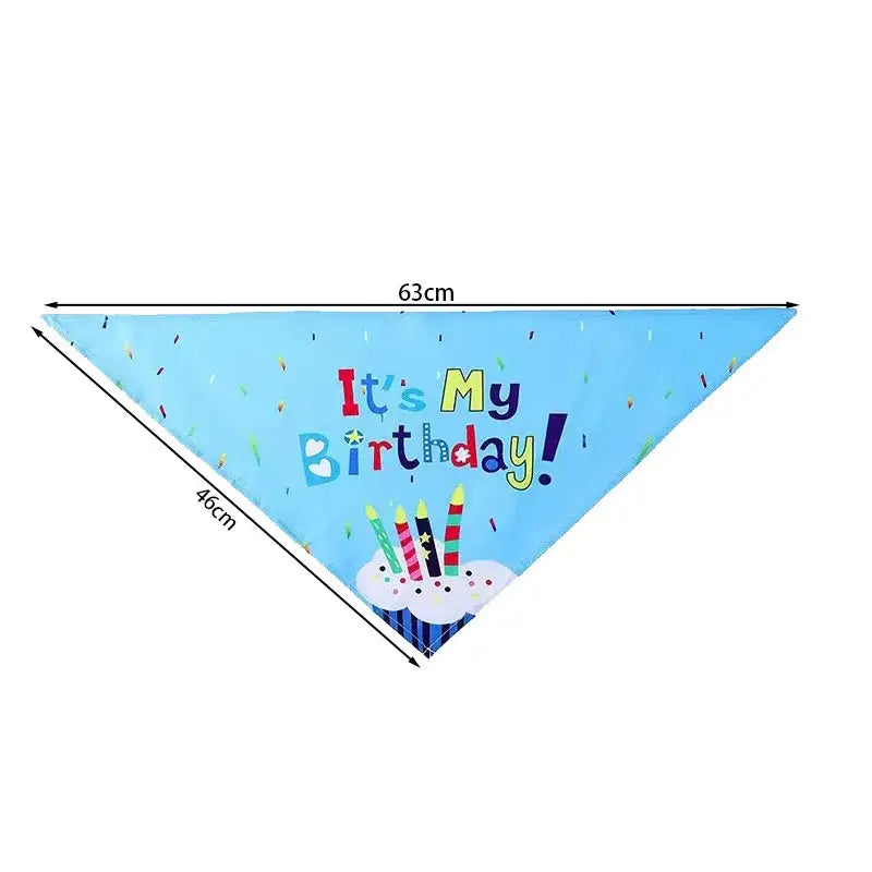 Triangular blue birthday bandana with colorful text and a cupcake design.