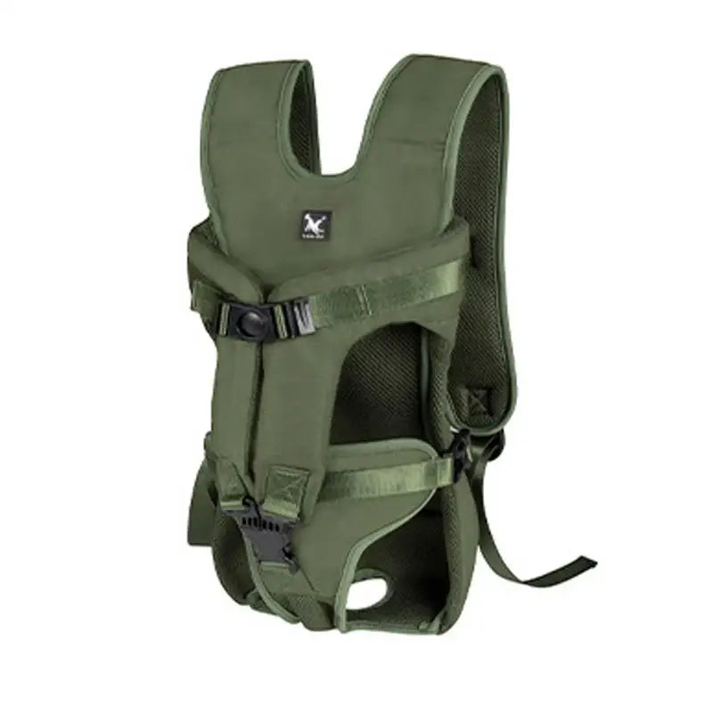 Olive green baby carrier with adjustable straps and buckles.