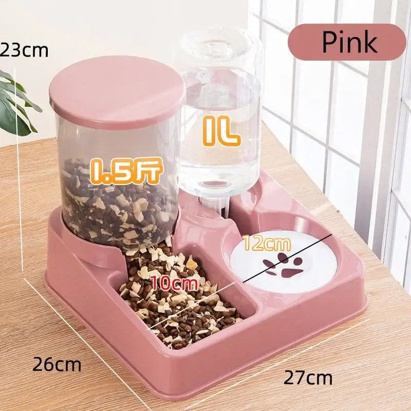 Pet feeding station with food and water dispensers in pink.