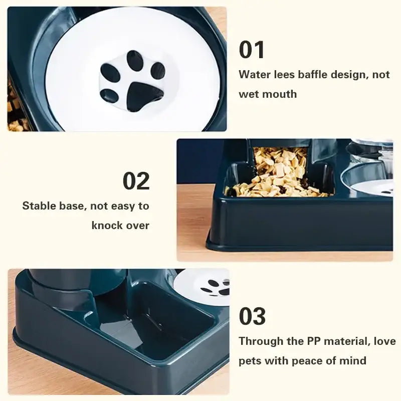 Pet water and food bowl set with three highlighted features.