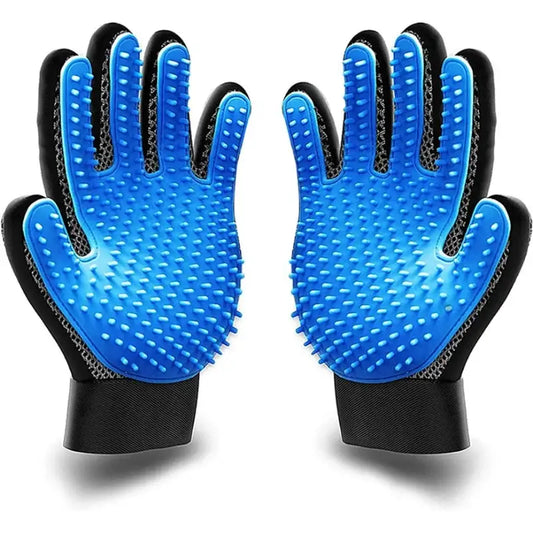 Pair of blue and black grooming gloves with raised silicone bristles.