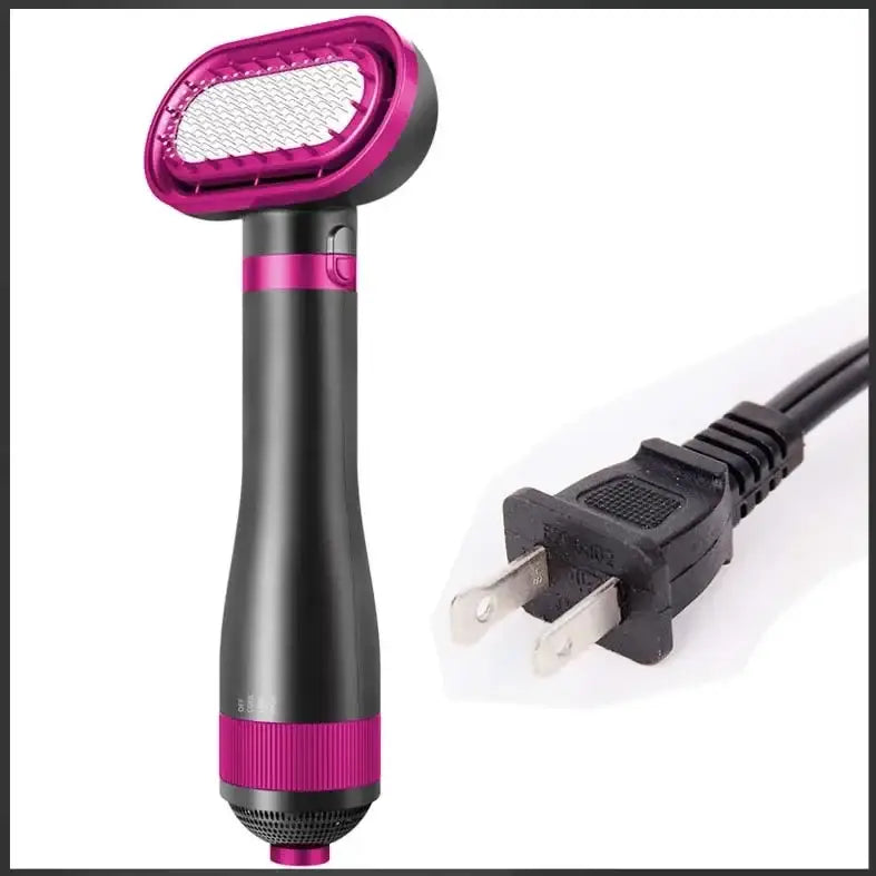 Handheld pet grooming tool with a pink oval brush head and black handle.