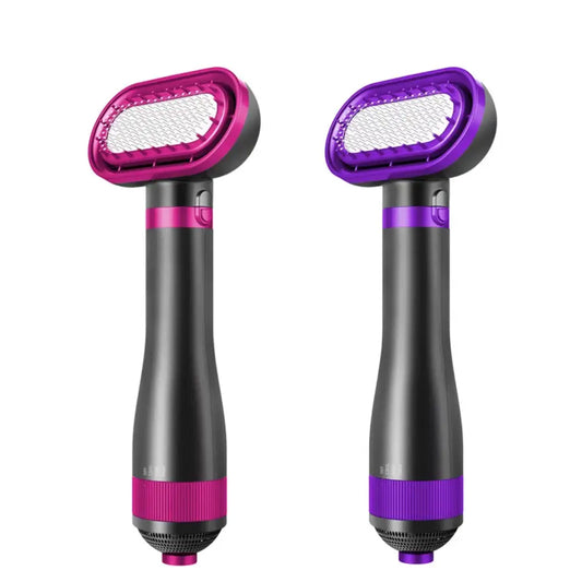 Pet grooming brushes with oval-shaped heads and ergonomic handles in pink and purple colors.