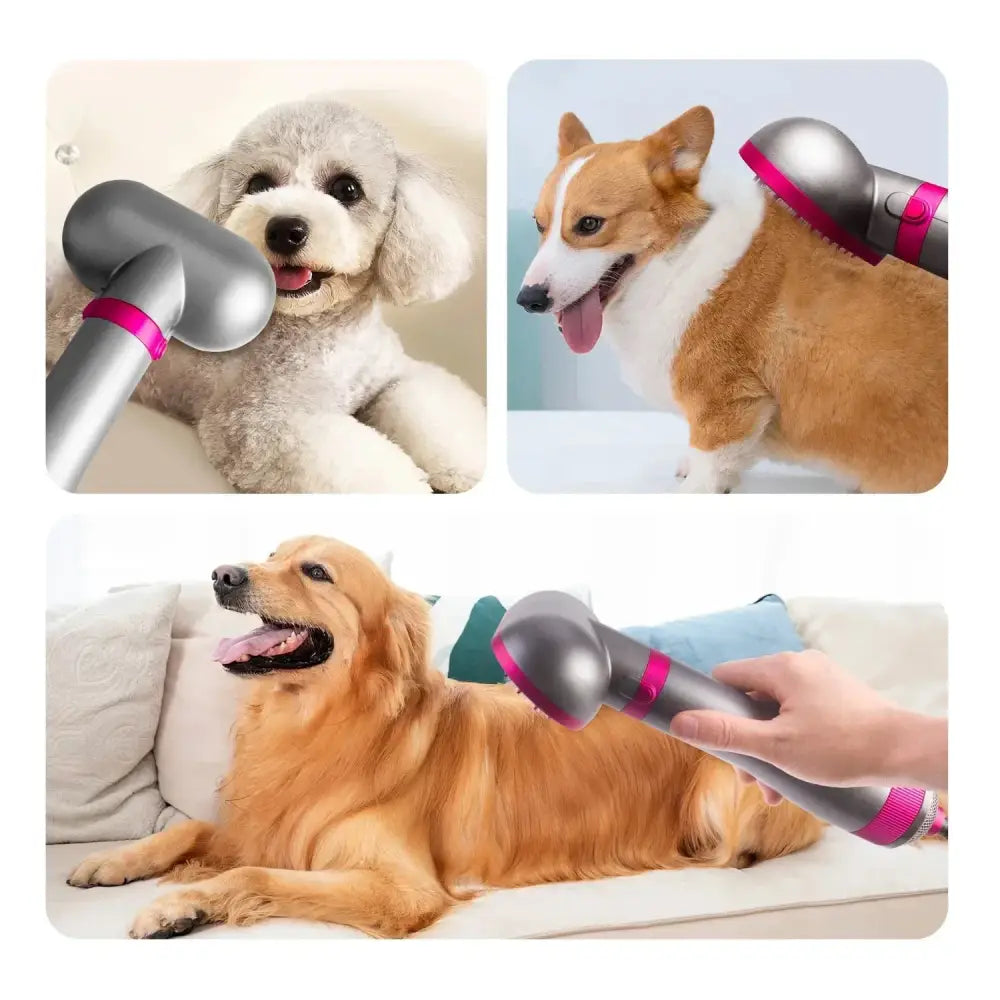 Pet grooming tool with a handheld vacuum attachment for collecting loose fur.